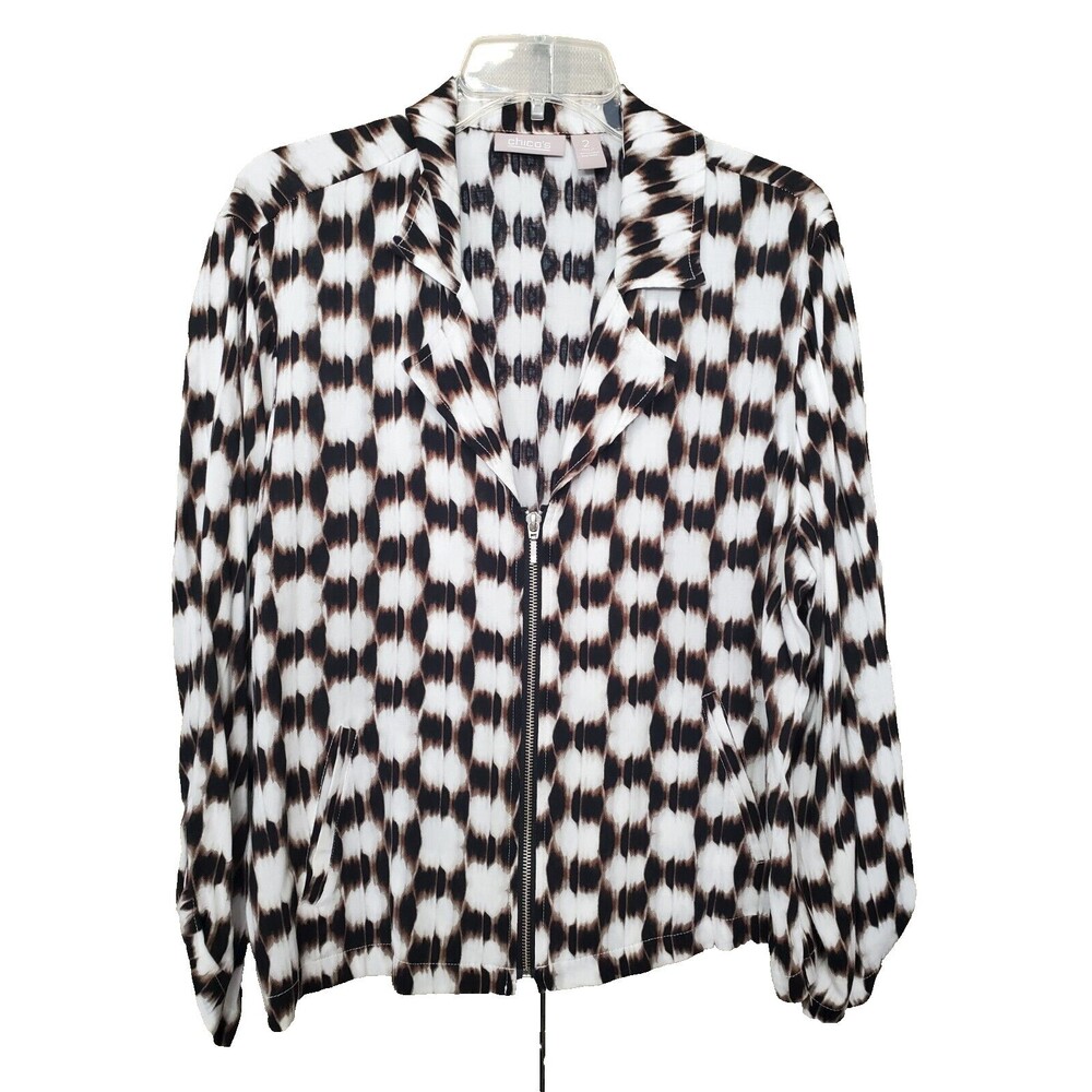 Chico's Rayon Ikat Print Button-Cuff Full Zip Lightweight Jacket Size 2 Large